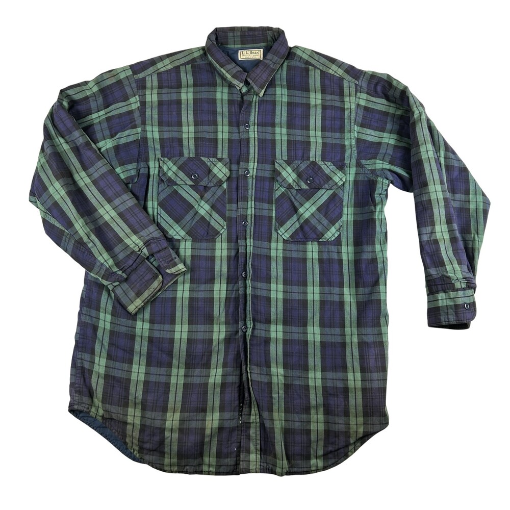 Vintage LL Bean Shirt Mens Tall Large Green Blue Plaid Thinsulate Lined 90s USA